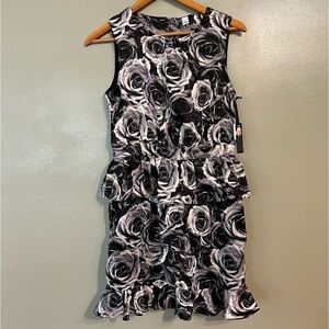 Kate Young Womens Black White Rose Print Ruffed Tiered Party Mini Dress Sz 6 NWT